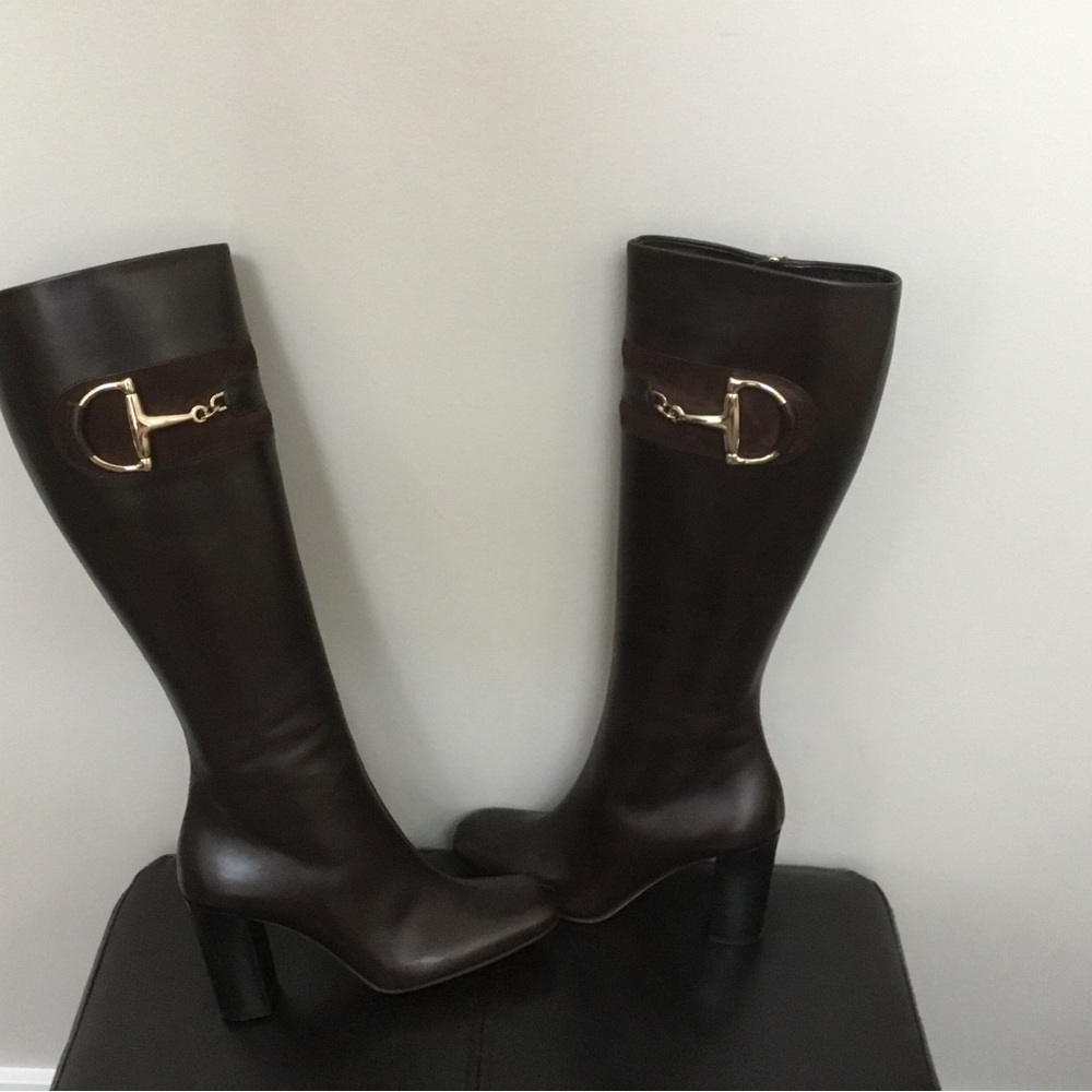 Gucci Women's Dark Brown Heeled Boots with Gold Accents - Picture 2 of 5